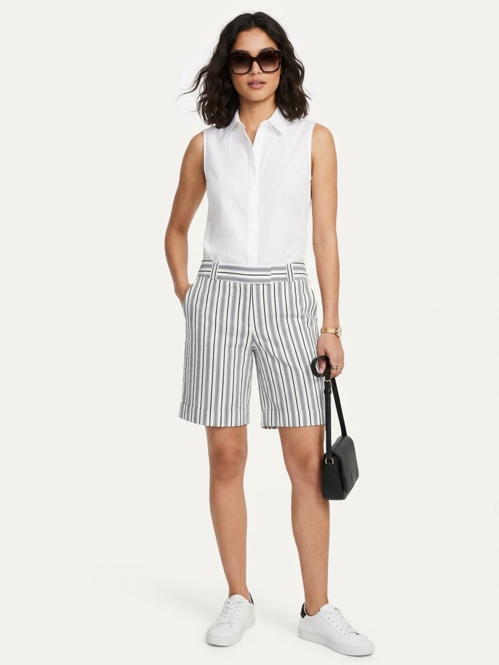 Striped Mid-Length Women’s Shorts - White & Gray